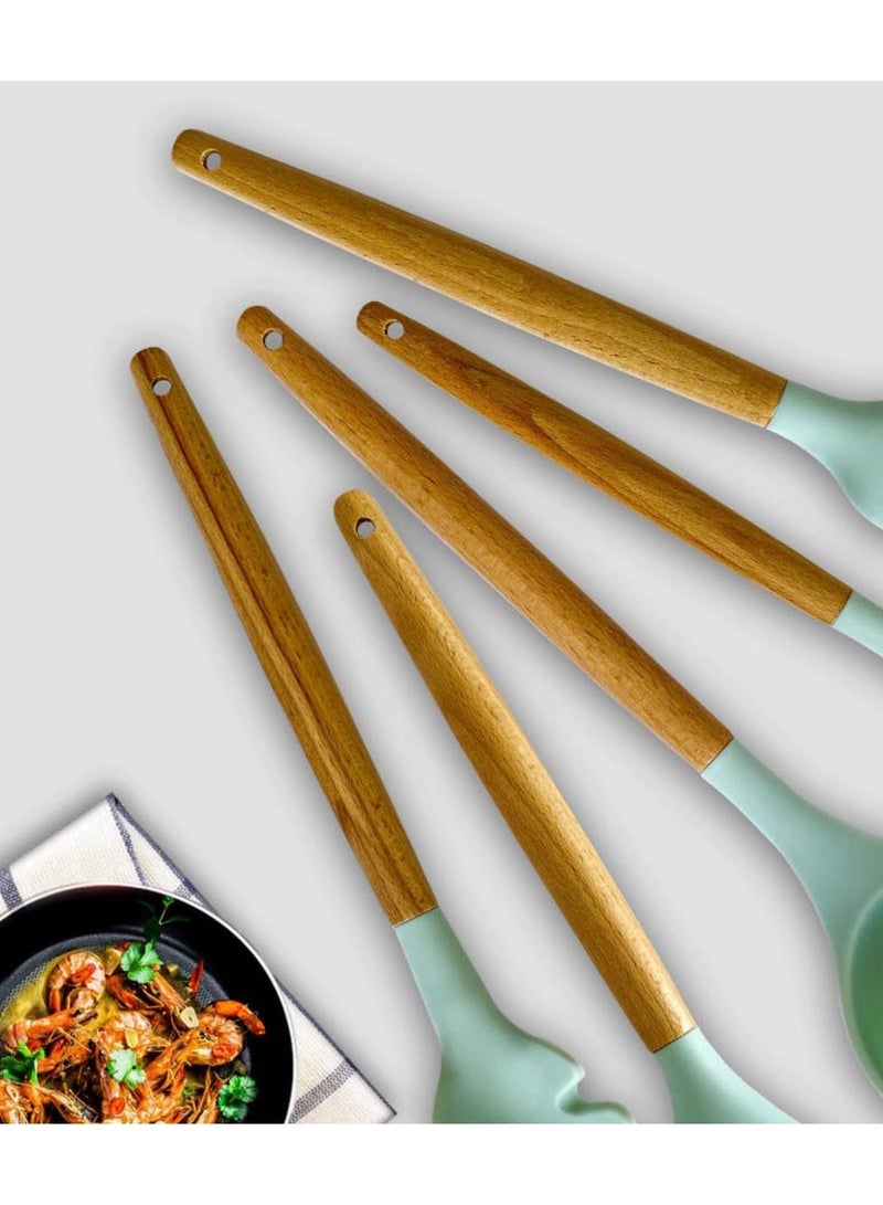 High Temperature Resistant Wooden Silicone Spatula and Spoon 35-Piece Set Light Green  - Image 2