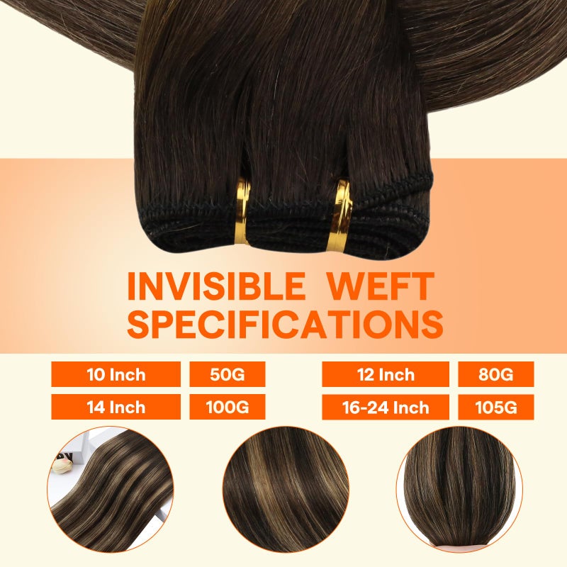 Full Shine 18 Inch Sew In Hair Extensions Real Human Hair Dark Brown Ombre Hair Extensions Color Light Brown To Light Brown Mix Darkest Brown Hair Weft Soft Straight Human Hair Bundles 105G - Image 3