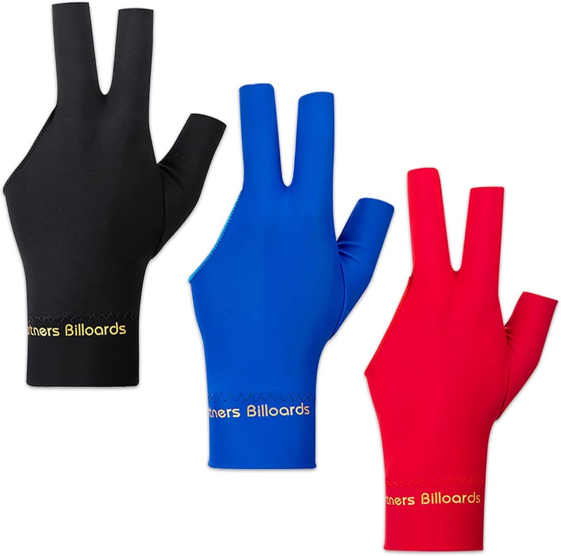 Comidox 3Pcs Man Woman Elastic Lycra Left Hand 3 Fingers Billiard Cue Glove for Shooters Carom Pool Snooker Cue Sport Red&Blue&Black - Image 1