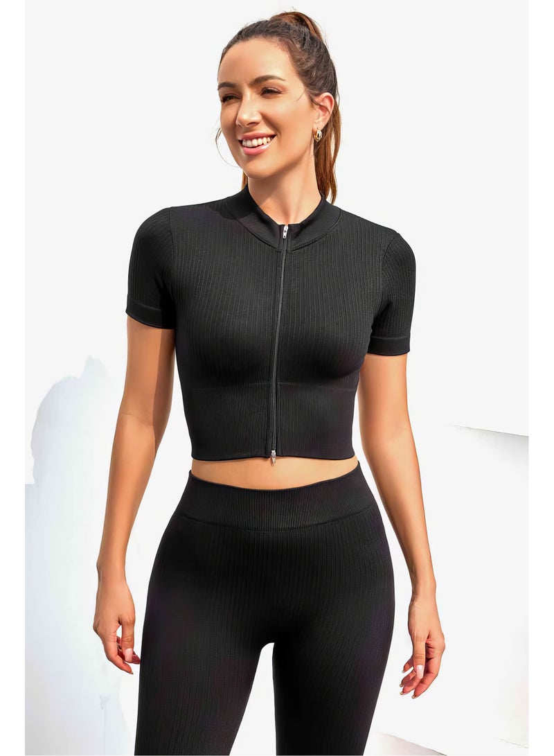 Women's Black Sports Suit with Short Sleeves - Two Pieces  - Image 1