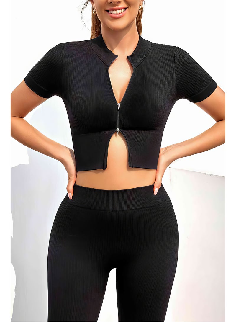 Women's Black Sports Suit with Short Sleeves - Two Pieces  - Image 2