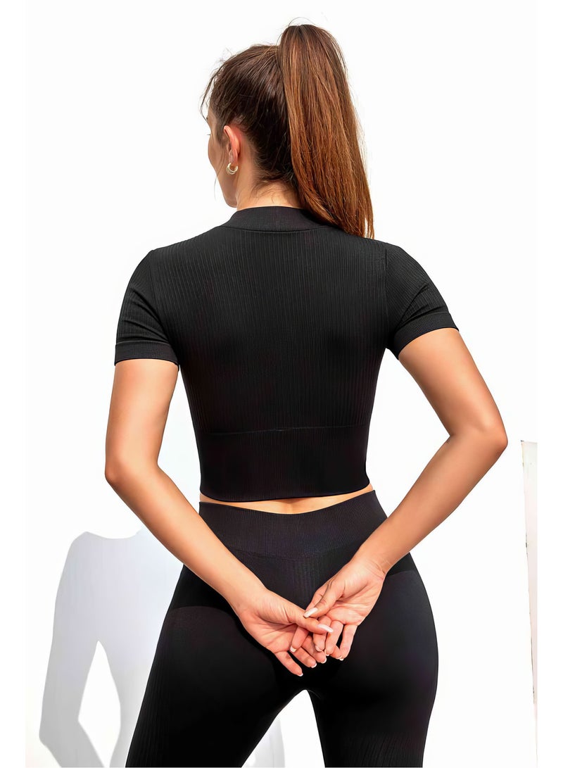 Women's Black Sports Suit with Short Sleeves - Two Pieces  - Image 3
