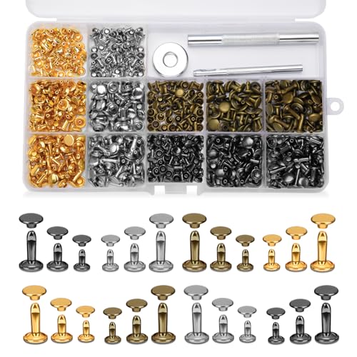 DIUDUS 240 Set Leather Rivets, 4 Colors 3 Sizes Double Cap Rivet, Rivets for Leather with 3 Pcs Setting Tools for Leathercrafting Repair Decoration DIY Project - Image 1