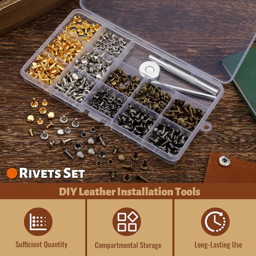 DIUDUS 240 Set Leather Rivets, 4 Colors 3 Sizes Double Cap Rivet, Rivets for Leather with 3 Pcs Setting Tools for Leathercrafting Repair Decoration DIY Project - Image 3