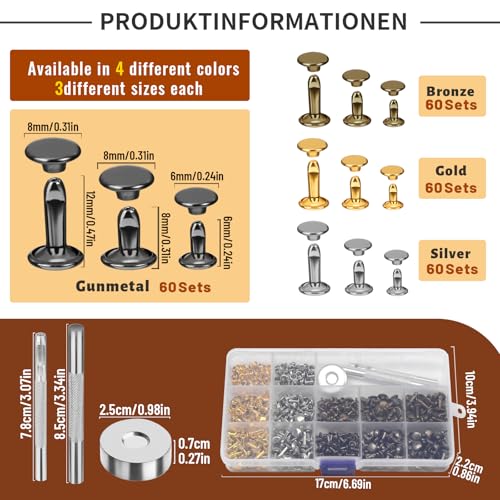 DIUDUS 240 Set Leather Rivets, 4 Colors 3 Sizes Double Cap Rivet, Rivets for Leather with 3 Pcs Setting Tools for Leathercrafting Repair Decoration DIY Project - Image 2