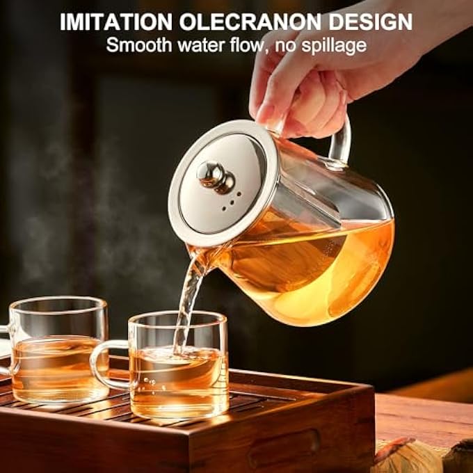 NALACAL إبريق شاي زجاجي، سعة 186 أونصة، مصنوع من البورسليكات الشفاف، مع مصفاة قابلة للإزالة من الفولاذ المقاوم للصدأ 188، مصنوع يدويًا من أوراق مزهرة وفضفاضة، مناسب للتخييم والسفر، سعة 550 مل - Image 3