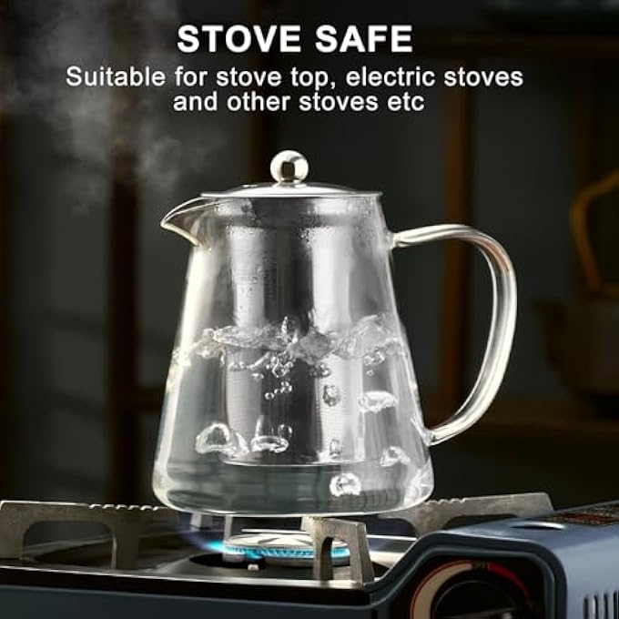 NALACAL إبريق شاي زجاجي، سعة 186 أونصة، مصنوع من البورسليكات الشفاف، مع مصفاة قابلة للإزالة من الفولاذ المقاوم للصدأ 188، مصنوع يدويًا من أوراق مزهرة وفضفاضة، مناسب للتخييم والسفر، سعة 550 مل - Image 4