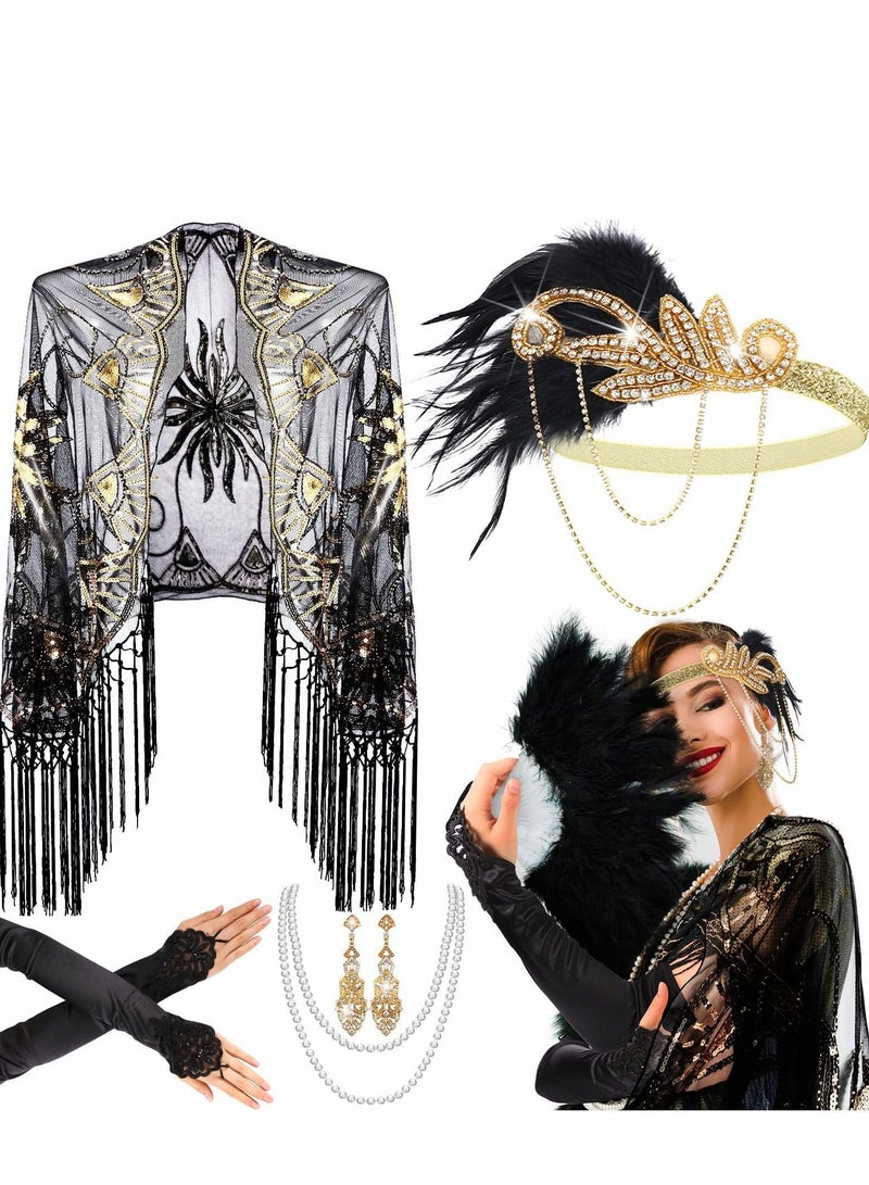 NIBEMINENT 1920s Accessories Set, Flapper Feather Headband Pearl Necklace Rhinestone Earrings Gloves Fringed Evening Cape Scarf 20s for Women Girls  - Image 1