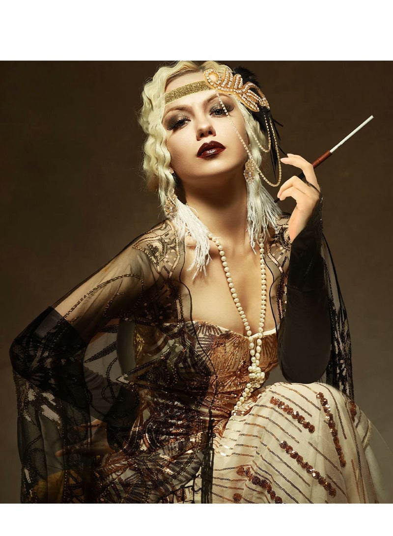 NIBEMINENT 1920s Accessories Set, Flapper Feather Headband Pearl Necklace Rhinestone Earrings Gloves Fringed Evening Cape Scarf 20s for Women Girls  - Image 5