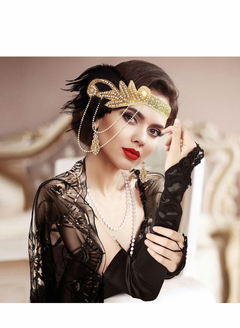 NIBEMINENT 1920s Accessories Set, Flapper Feather Headband Pearl Necklace Rhinestone Earrings Gloves Fringed Evening Cape Scarf 20s for Women Girls  - Image 3