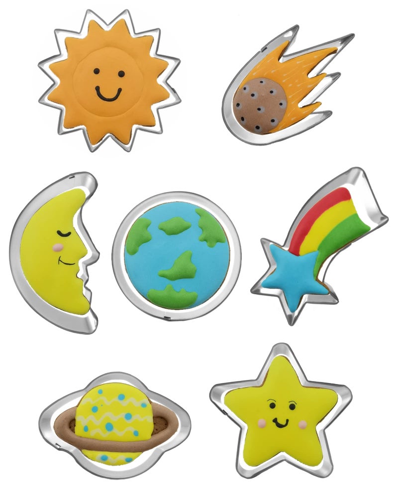 HaoCai Planet Series Cookie Cutter Set of 7 pcs Stainless Steel Universe Outer Space Fondant Cutters Set Pastry Biscuit Baking Clay DIY Molds for Kids