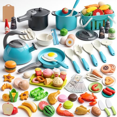 Funpynani 130Pcs Kitchen Playset Toddler Pretend Cooking Play Pots Pans Utensils Cookware Daily Food Fruit Veges Shopping Storage Basket Dessert Prop Money Learning Gift for Child Turquoise - Image 1