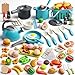 Funpynani 130Pcs Kitchen Playset Toddler Pretend Cooking Play Pots Pans Utensils Cookware Daily Food Fruit Veges Shopping Storage Basket Dessert Prop Money Learning Gift for Child Turquoise - Image 3