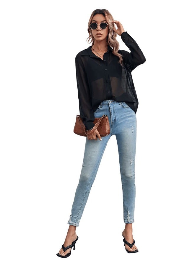 Floerns Women's Button Front Long Sleeve Mesh Shirt See Through Sheer Blouse Tops, A Black, L - Image 5