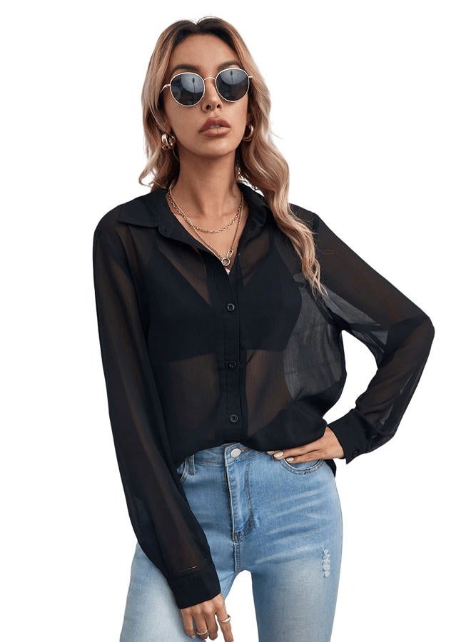 Floerns Women's Button Front Long Sleeve Mesh Shirt See Through Sheer Blouse Tops, A Black, L - Image 1