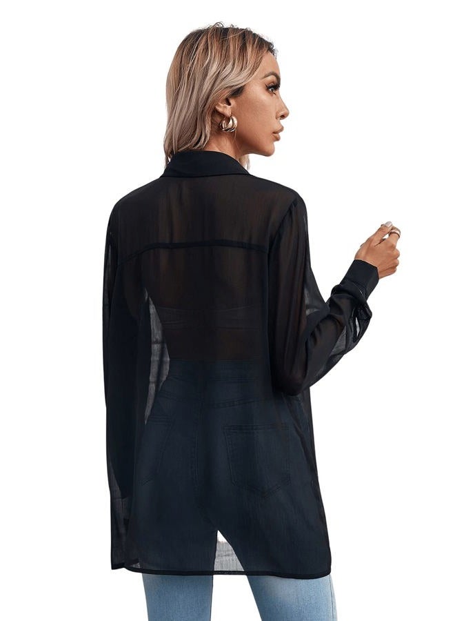 Floerns Women's Button Front Long Sleeve Mesh Shirt See Through Sheer Blouse Tops, A Black, L - Image 2