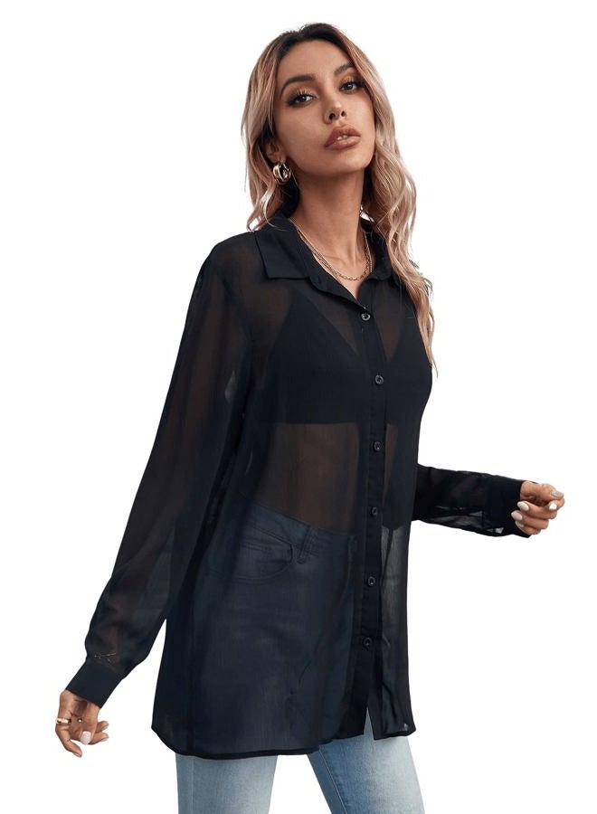 Floerns Women's Button Front Long Sleeve Mesh Shirt See Through Sheer Blouse Tops, A Black, L - Image 3