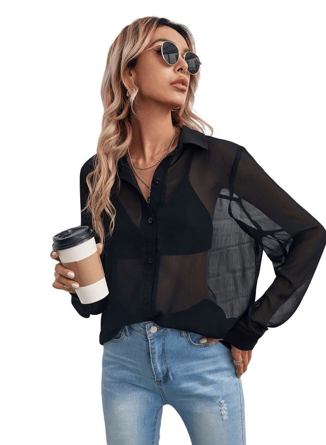Floerns Women's Button Front Long Sleeve Mesh Shirt See Through Sheer Blouse Tops, A Black, L - Image 4