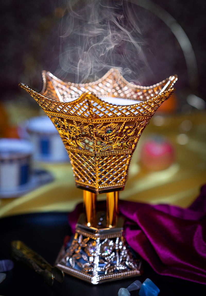 AM Bakhoor Charcoal Incense Burner – Luxury Gold Frankincense Resin Burner for Oud, Bakhoor, Incense Sticks & Cones – Decorative Metal Holder with Removable Lid & Safe Flame Control (Gold) - Image 3