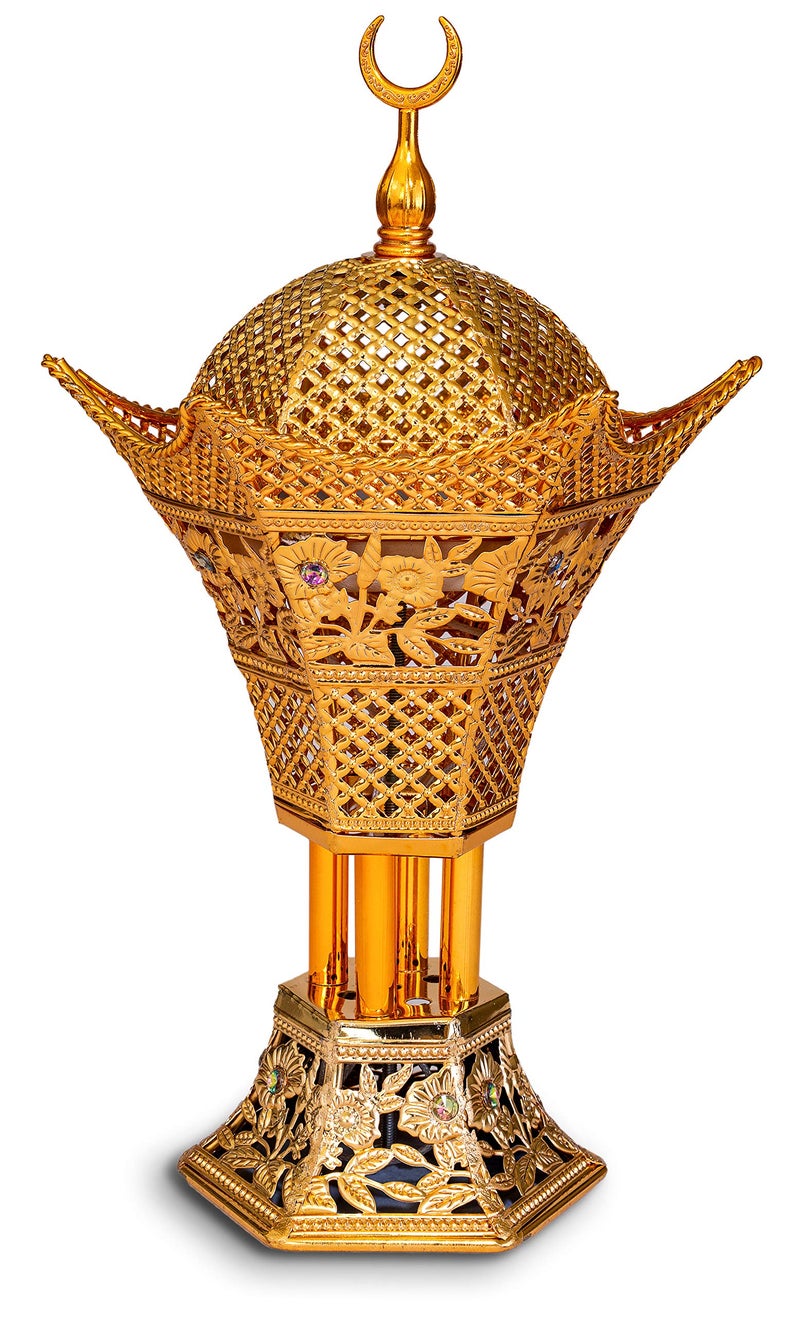 AM Bakhoor Charcoal Incense Burner – Luxury Gold Frankincense Resin Burner for Oud, Bakhoor, Incense Sticks & Cones – Decorative Metal Holder with Removable Lid & Safe Flame Control (Gold) - Image 1