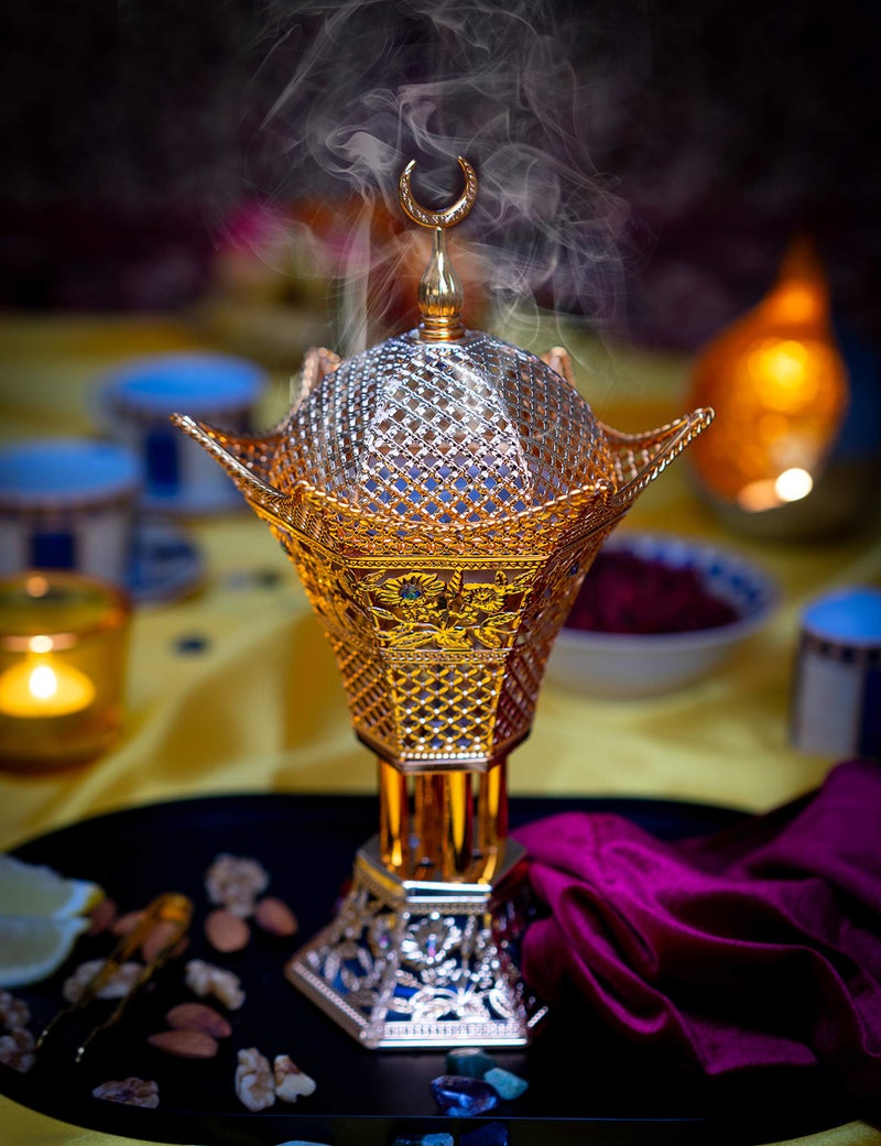 AM Bakhoor Charcoal Incense Burner – Luxury Gold Frankincense Resin Burner for Oud, Bakhoor, Incense Sticks & Cones – Decorative Metal Holder with Removable Lid & Safe Flame Control (Gold) - Image 2