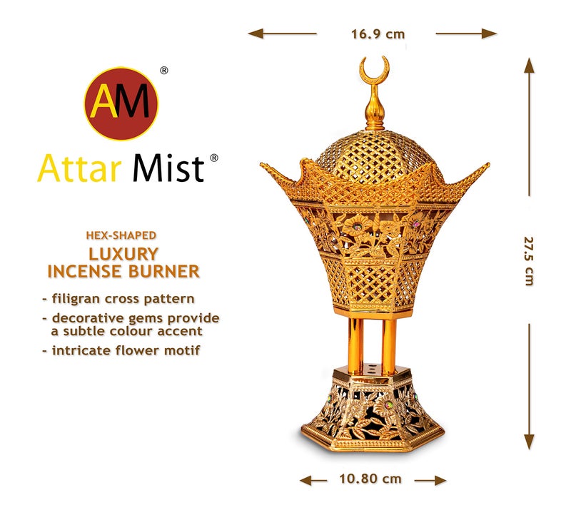 AM Bakhoor Charcoal Incense Burner – Luxury Gold Frankincense Resin Burner for Oud, Bakhoor, Incense Sticks & Cones – Decorative Metal Holder with Removable Lid & Safe Flame Control (Gold) - Image 4
