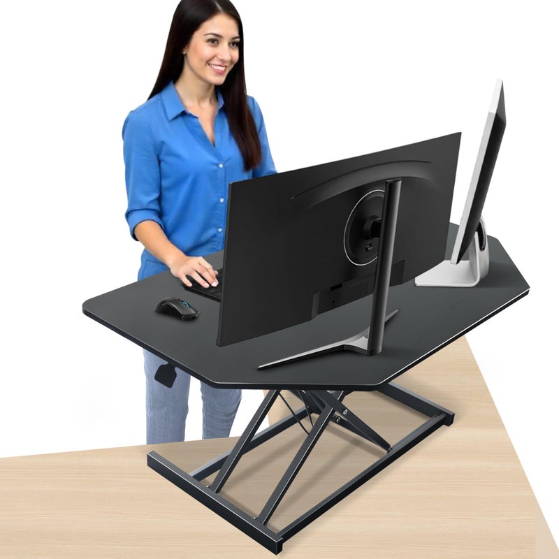 Aconcept 38 inch Black Corner Height Adjustable Standing Desk Converter, One-Click Sit to Stand up Desk Riser, Pre-Assembled for Dual Monitor and Laptop Workstation - Image 1