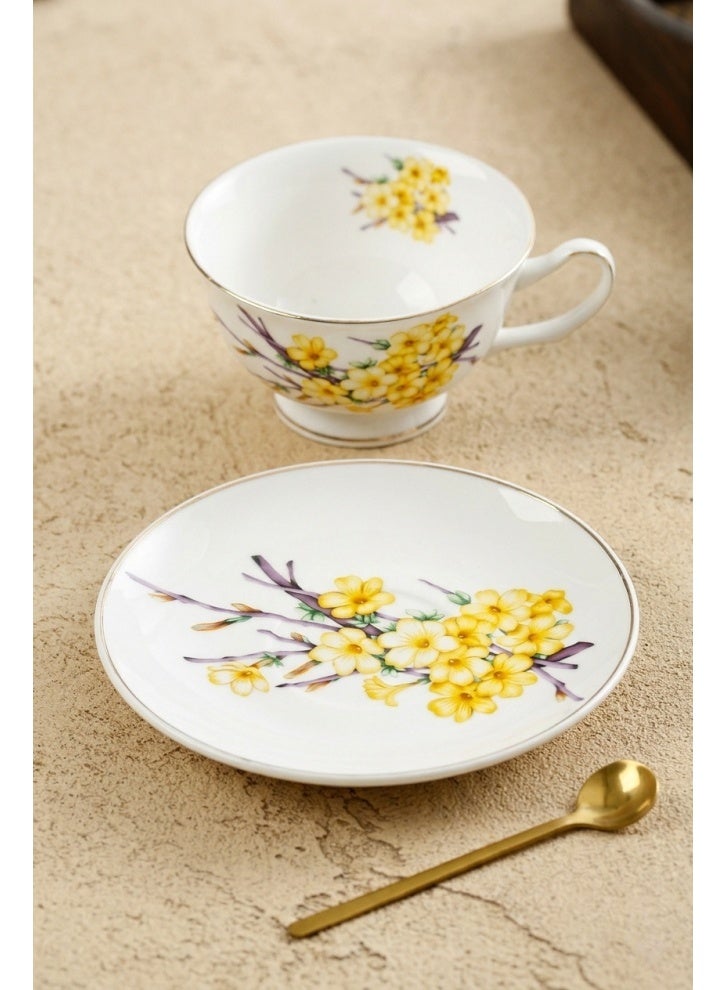 طقم فناجين قهوة عربي فاخر لشخصين مع ملاعق وعلبة هدية – أكواب قهوة تركي بنقشة زهور وحافة ذهبية مع صحون، طقم أكواب الشاي، هدية عيد الأضحى الفاخرة للضيوف وللمنزل - view 2