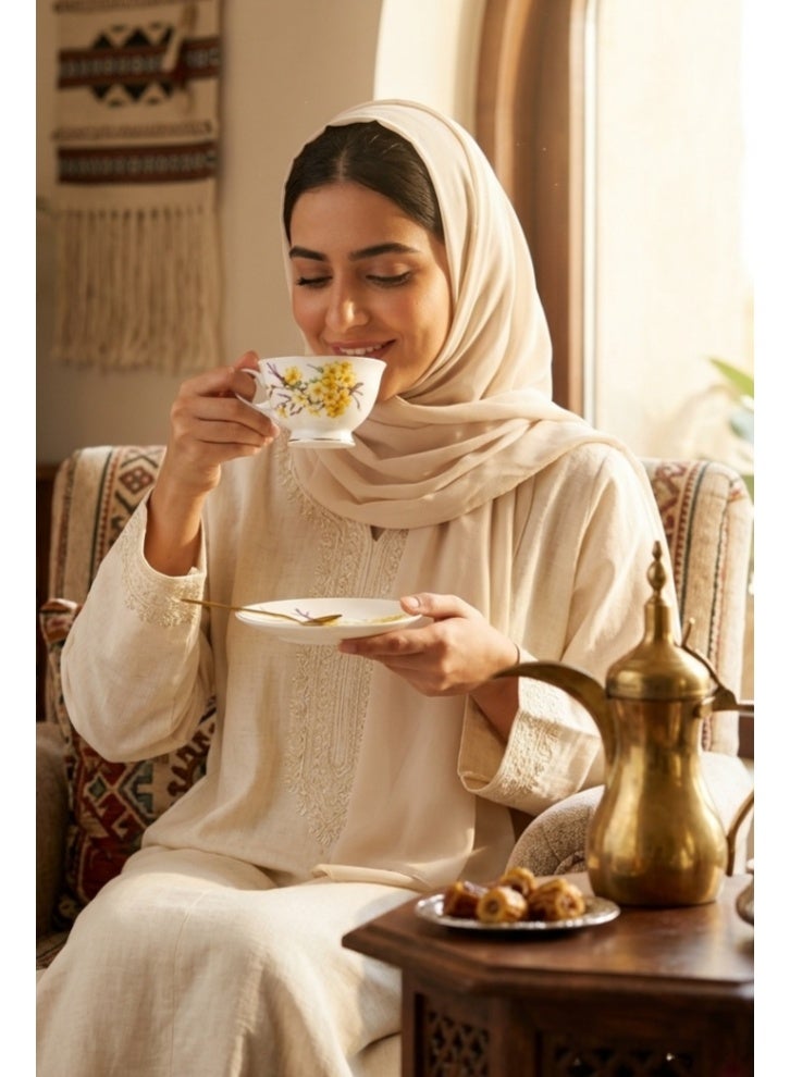 طقم فناجين قهوة عربي فاخر لشخصين مع ملاعق وعلبة هدية – أكواب قهوة تركي بنقشة زهور وحافة ذهبية مع صحون، طقم أكواب الشاي، هدية عيد الأضحى الفاخرة للضيوف وللمنزل - view 3