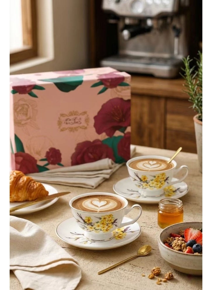 طقم فناجين قهوة عربي فاخر لشخصين مع ملاعق وعلبة هدية – أكواب قهوة تركي بنقشة زهور وحافة ذهبية مع صحون، طقم أكواب الشاي، هدية عيد الأضحى الفاخرة للضيوف وللمنزل - view 4