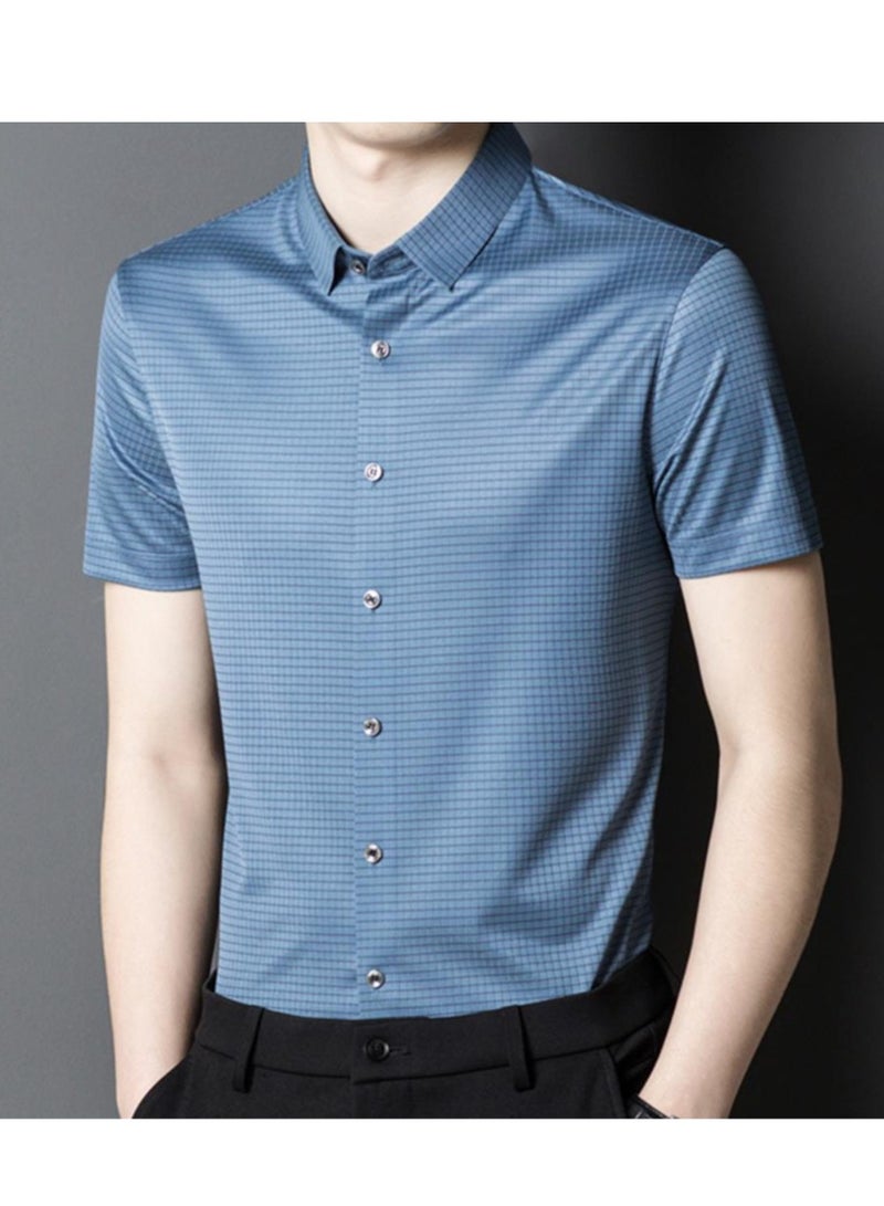 High End Mulberry Silk Checkered Short Sleeved Men's Polo Shirt, Business And Fashion Lapel T-shirt  - Image 3