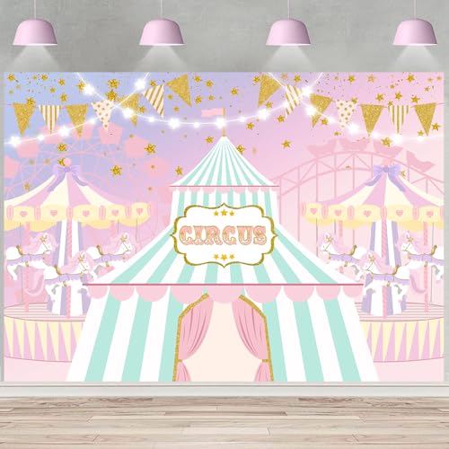 Withu Pink Circus Backdrop Big Top Tent Animals Carnival Kids Girl Birthday Party Dessert Candy Cake Table Decor Baby Shower Banner Photo Photography Background - Image 1