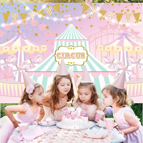 Withu Pink Circus Backdrop Big Top Tent Animals Carnival Kids Girl Birthday Party Dessert Candy Cake Table Decor Baby Shower Banner Photo Photography Background - Image 3