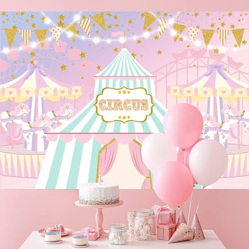 Withu Pink Circus Backdrop Big Top Tent Animals Carnival Kids Girl Birthday Party Dessert Candy Cake Table Decor Baby Shower Banner Photo Photography Background - Image 2