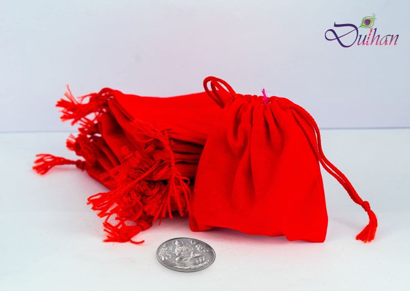 Dulhan DLC 25 pc Small Plain Red Velvet Gold Coin Potli 8 cm silver coin Shagun potli bags 3"x3inch Drawstring coin pouch purse for Wedding, Corporate, Xmas party Gifts, Jewellery Earphone Pouches by Dulhan - Image 2