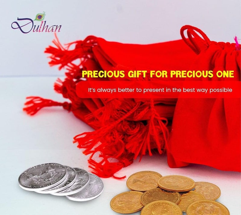 Dulhan DLC 25 pc Small Plain Red Velvet Gold Coin Potli 8 cm silver coin Shagun potli bags 3"x3inch Drawstring coin pouch purse for Wedding, Corporate, Xmas party Gifts, Jewellery Earphone Pouches by Dulhan - Image 3