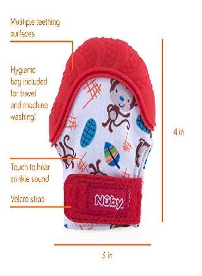 Nuby Soothing Teething Mitten with Hygienic Travel Bag, Red Monkey, 1 Count (Pack of 1)