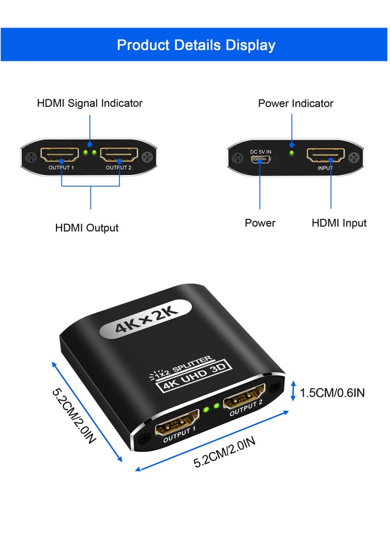 SYOSI - 4K HDMI Splitter 1 in 2 Out for Dual Monitors, Supports 3D, Full HD 1080P, Aluminum HDMI Splitter Adapter, Compatible with Fire Stick, Xbox, PS, Roku, Cable Box, HDTV (1 Source to 2 Displays) - Image 1
