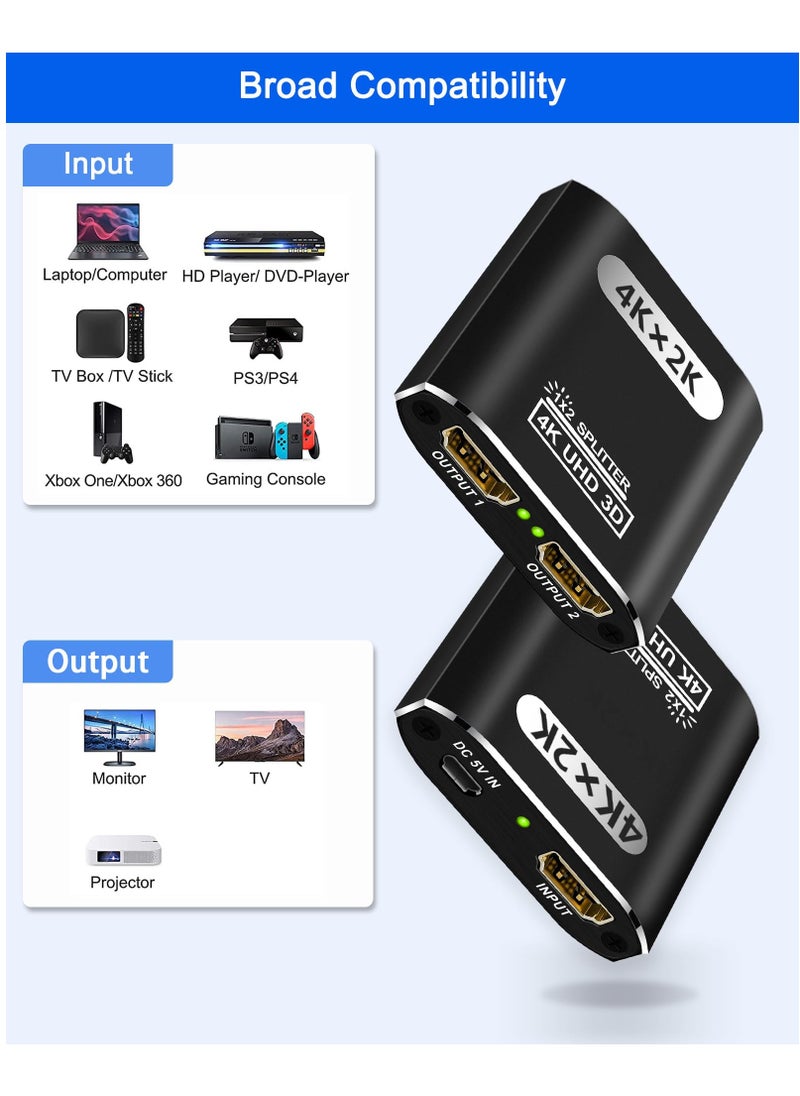 SYOSI - 4K HDMI Splitter 1 in 2 Out for Dual Monitors, Supports 3D, Full HD 1080P, Aluminum HDMI Splitter Adapter, Compatible with Fire Stick, Xbox, PS, Roku, Cable Box, HDTV (1 Source to 2 Displays) - Image 1