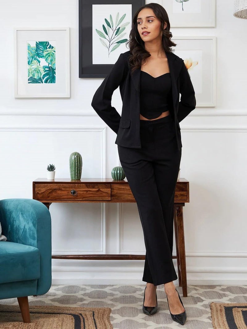 Florely Women's Lycra Solid Three Piece Outfits Blazer Co-Ord Set Women Outdoor Wear Maxi Dress Crop top Party Dress Stylish Latest Dresses (Large, Black) - Image 5
