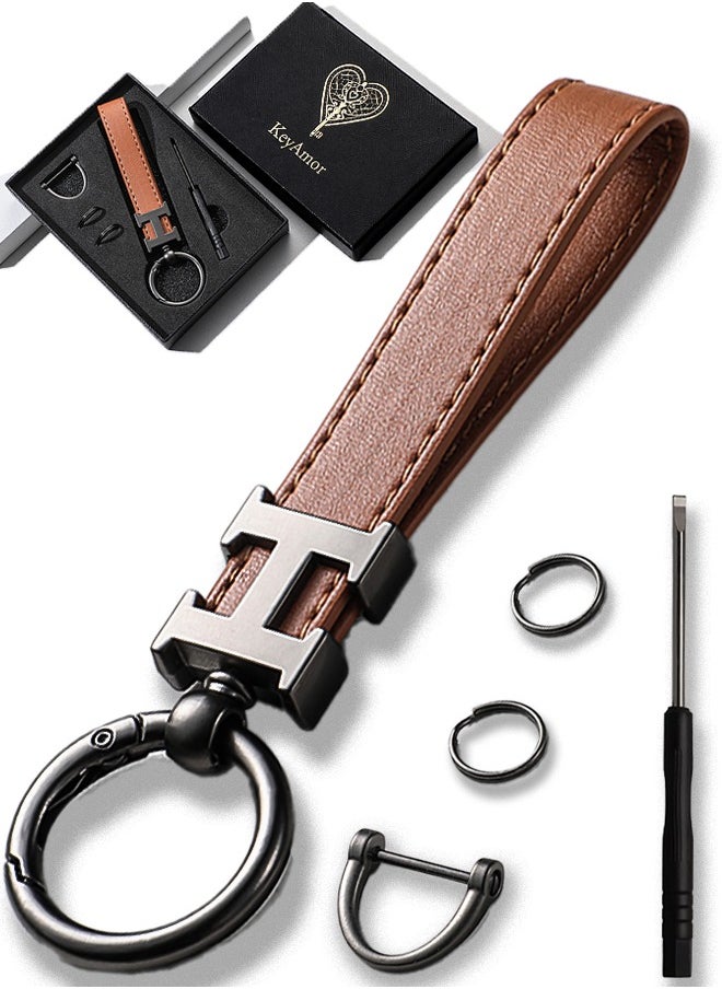 KeyAmor Elegant metal and leather keychain car key holder for men. H letter keychain, stylish car keychain with 3 key rings, perfect as a fancy gift or car accessory. Features an elegant and refined light brown colour, offers 360-degree rotation for added convenience, and comes in a fancy gift box.  - Image 1