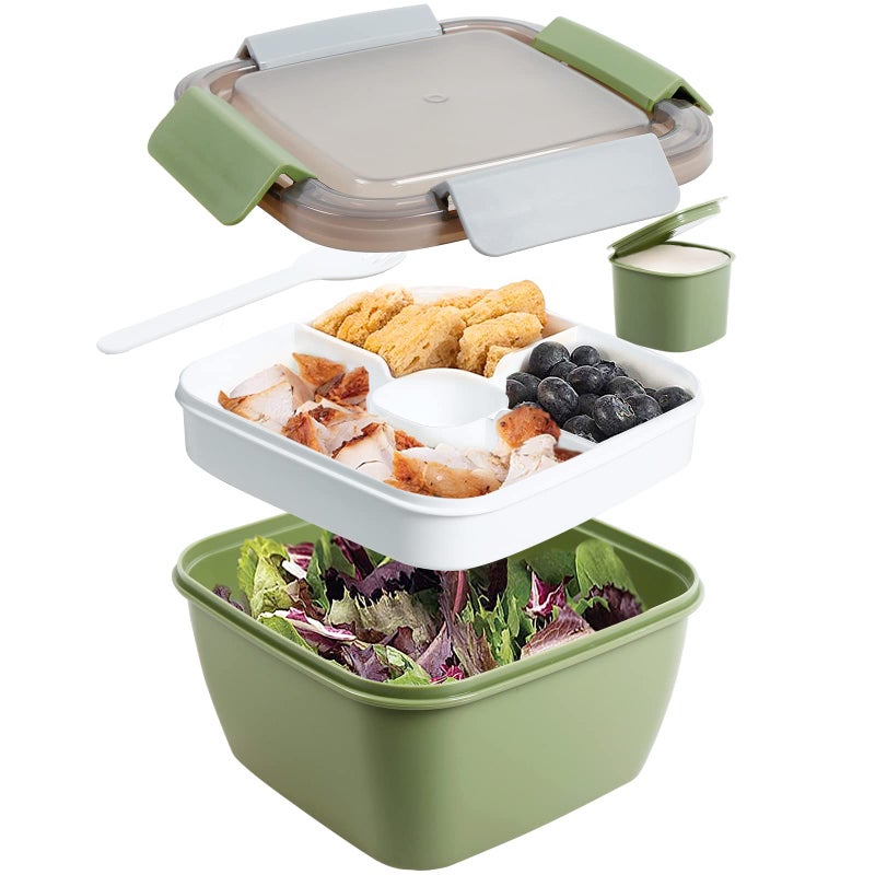 Greentainer 52 OZ to Go Salad Container Lunch Box BPAFree 3Compartment for Salad Toppings and Snacks Bowl with Dressing Container Builtin Reusable Spoon Microwave SafeArmy Green