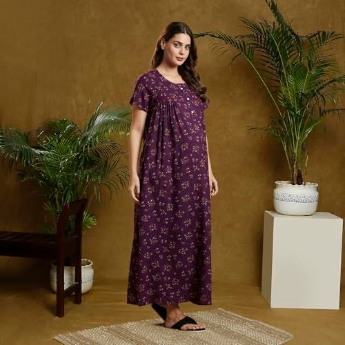 MomToBe Women's Cotton Maxi A-Line Nursing Nighty with Zippers for Nursing Pre and Post Pregnancy (Eggplant Purple ; Free Size) - Image 3