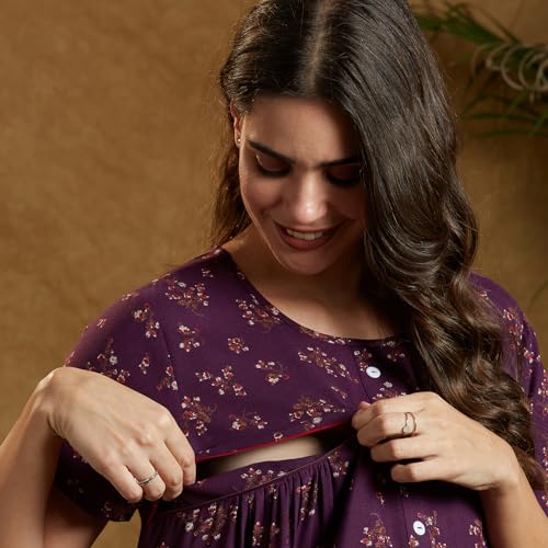 MomToBe Women's Cotton Maxi A-Line Nursing Nighty with Zippers for Nursing Pre and Post Pregnancy (Eggplant Purple ; Free Size) - Image 4