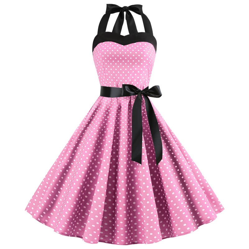 IKADEX Vintage Women 1950s Rockabilly Swing Dress Pinup 50s Retro Hepburn Style Halterneck A-Line Dresses #A: Pink Dots M - Image 1