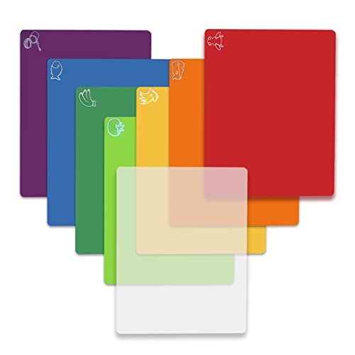 Fotouzy Cutting Board Mats Flexible Plastic Colored Mats with Food Icons, Fotouzy BPA-Free, Non-Porous, Anti-skid back and Dishwasher Safe, Set of 7+1 8 Pieces - Image 1