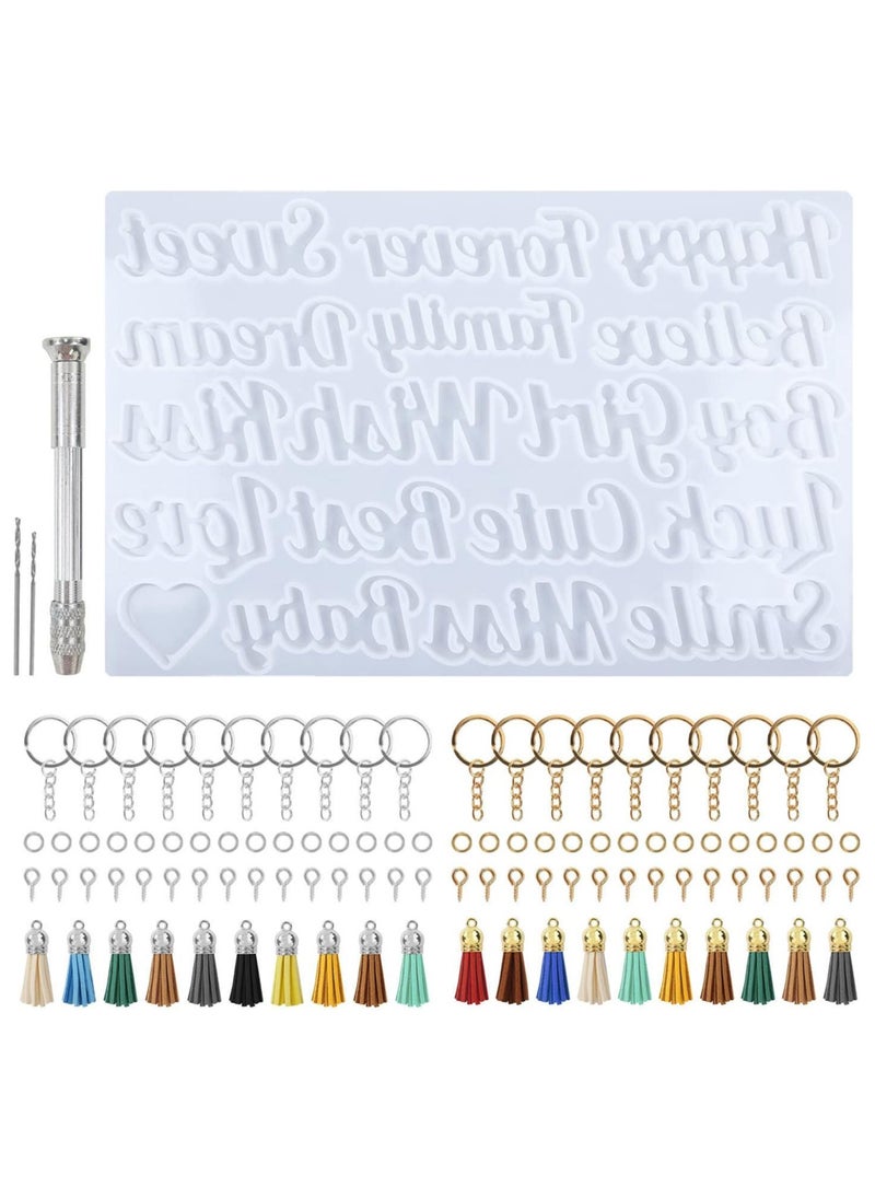 104 Pcs Alphabet Resin Molds Kit, Resin Keychain Molds for Epoxy Resin Molds Keychain with 20 Random Color Tassels 1 Hand Drill 2 Drill Bits 20 Key Rings 30 Screw Pins 30 Metal Rings(Good Vibes)