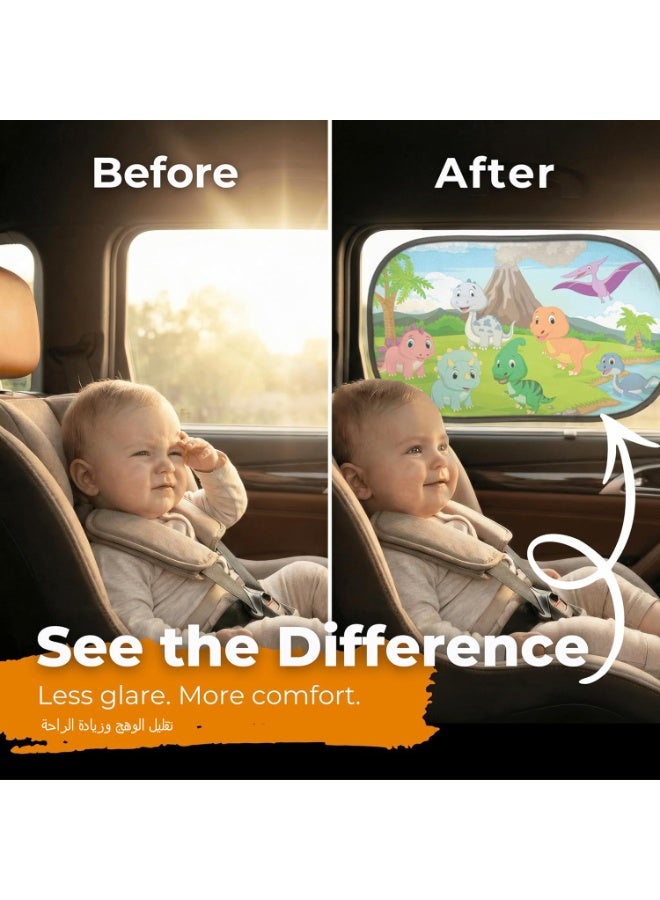 2 Pack Car Window Shades for Baby – UV Protection Side Sunshade for Kids, Toddlers & Pets, Universal Fit 51x31cm, Dinosaur Pattern, Easy Install & Foldable - Image 2