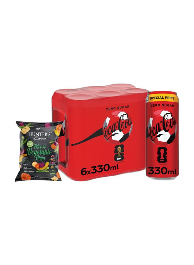 noon Hunter's Gourmet Mixed Vegetable Chips 75grams + Coca Cola Zero Calories Carbonated Soft Drink Can 330ml Pack of 6 - Image 1