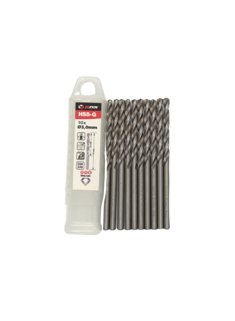 RNS HSS-G TWIST DRILL BIT 3.0 MM, Pack of 10 High Speed Steel Ground Metal Drill Bit for Steel, Alloy, Fabrication and Industrial Use - Image 2